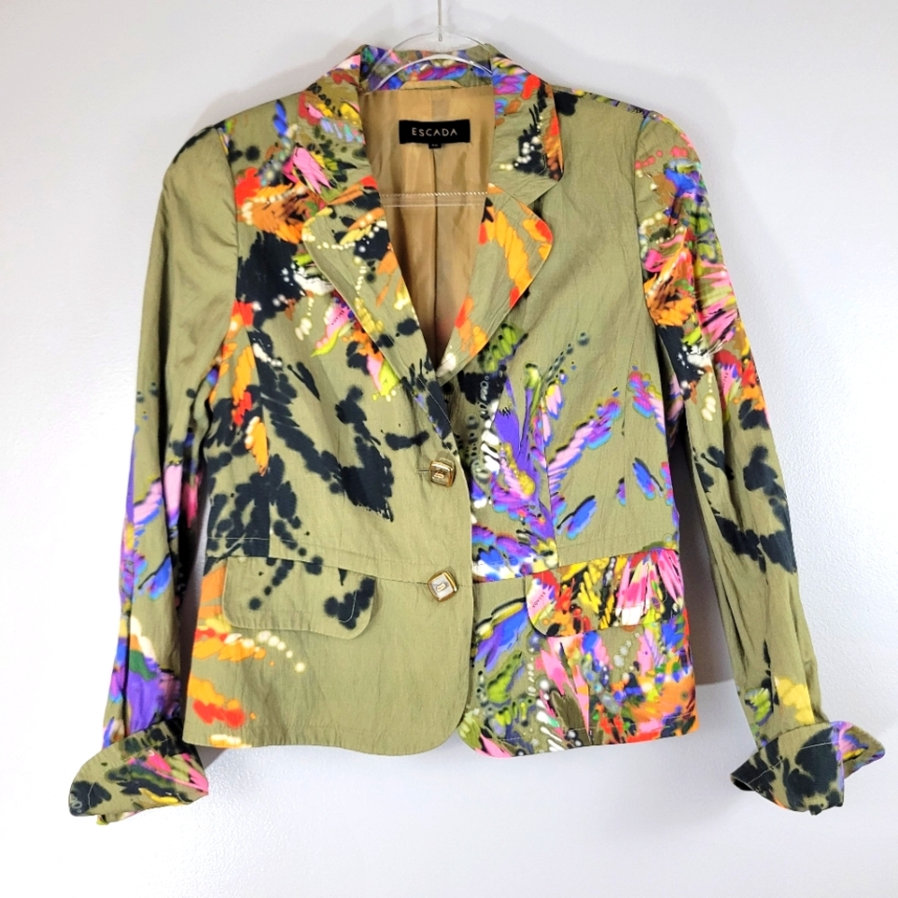 Escada Olive Green Floral Abstract Print Blazer